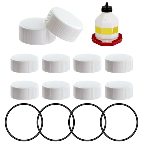 Plastic Poultry Waterer Replacement Parts Kit | 10 Caps & 4 O-Rings, Compatible with Miller, Little Giant PPF & Farm-Tuff 3/5/7 Gallon Poultry Founts (White) - color: White