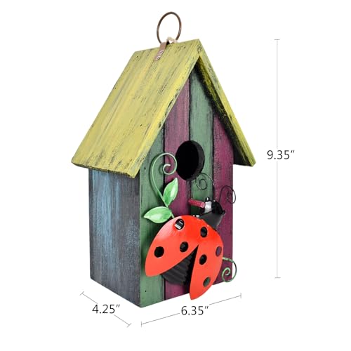 Morning View Bird Houses for Outside Decorative Nest Box Wooden Birdhouse Hanging Spring for Yard Garden Patio Outdoor Small Birds Bluebird Finch Cardinals Wren 9.35 Inch Tall (Red) - style: Ladybug