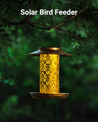 SWEETFULL Solar Bird Feeder for Outdoors Hanging, Metal Wild Bird Feeder for Cardinals Solar Garden Lantern with S Hook as Gift Ideas for Bird Lovers (2LBs Heavy Duty Weather Resistance birdfeeders) - size: 8"x8"