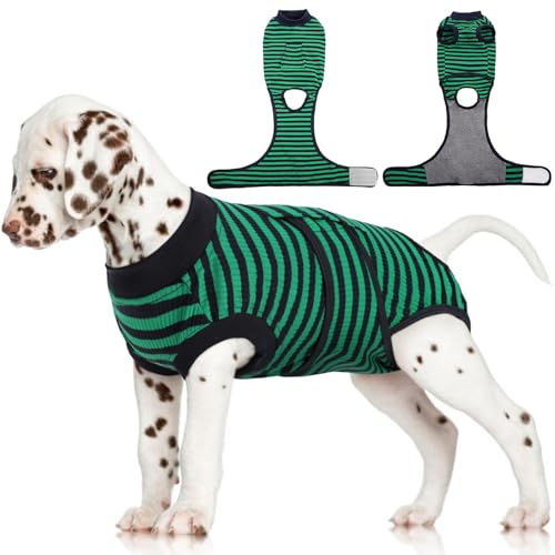 Dog Surgery Recovery Suit, Surgical Suit for Dogs Onesie for Surgery | Cone Alternative after Surgery, Abdominal Wound Protector, Onesie for Dogs after Surgery Spay Neuter, Green Black Stripes XS - color: Green Black Stripes, size: Xs(back:8.3-11.4in,wt:4