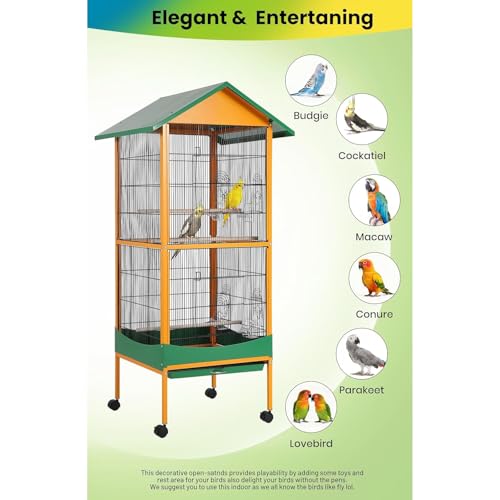 66'' Extra Large Parrot Bird Cage with Rolling Stand, Removable Tray, Waterproof Roof & Lockable Casters, Durable Wrought Iron Bird Cages for Macaw, Cockatiel, Budgie, Lovebird