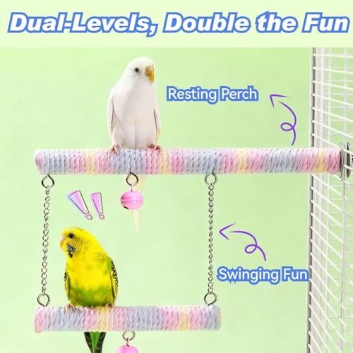 Dual-Layer Bird Swing Perch with Bells Rainbow Cotton Rope Cage Parrot Toy | 10" For Parakeet Conure Cockatiel Mynah Love Birds Finches