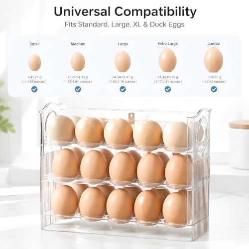 Egg Holder for Fridge, Holds 30 Eggs, Clear | 3-Tier Stackable, Egg Organizer for Refrigerator, Date Tracker & One-Hand Access, BPA-Free PET