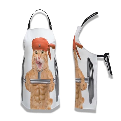 Apron Kitchen for Women Fitness Cat Mans Aprons for Cooking Funny for Kitchen Cooking Restaurant BBQ Painting Crafting Gardening 27” (W) x 31” (H), Waterproof Apron - color: Fitness Cat