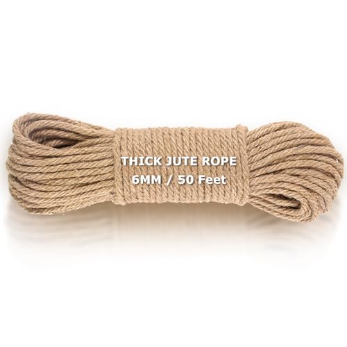 Vanhench Jute String Rope 6mm x 50 Feet, Heavy Duty and Thick Twine Rope for Crafts Projects, Gardening, Bundling, Cat Scratcher Scratching Post Tree Gift Wrapping Arts & Crafts Christmas Decoration - color: Brown, size: 6mm (1/4 In)×50ft (15.24m)
