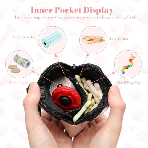 Dog Treat Pouch with Training Clicker,Waterproof Nylon Fabric Poop Bag Holders for Leashes,Hands Free Small Dog Walking Bag with Carabiner, Pet Puppy Training Walking Essentials (Beige) - color: Beige