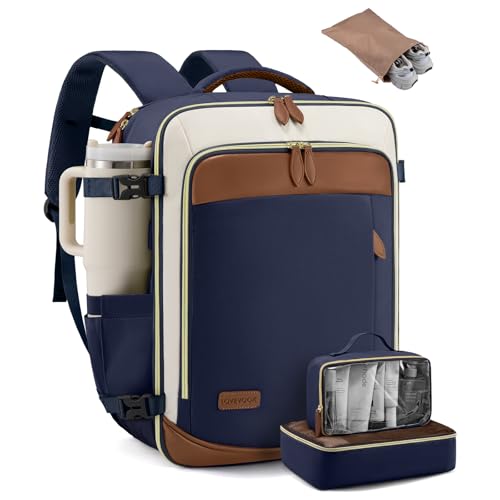 LOVEVOOK 50L Travel Backpack Carry On Airline Approved, Large Backpack with 3 Packing Cubes, TSA Travel Essentials Carry On Bag, Waterproof Weekender Overnight Luggage Daypack, Fits 18 Inch Laptop - color: H-blue-beige-brown, size: XLarge - 18.5 Inch - 50