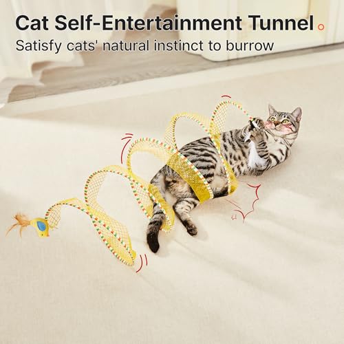 Potaroma Spiral Tunnel Cat Toy, Self Play Collapsible Spring Kitten Tunnel | For Indoor Cats, with Feather and Bell, 20 Inches Unfolded