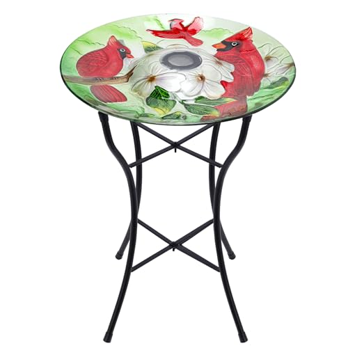 MUMTOP Glass Bird Bath Solar Birdbath with Metal Stand Outdoor Garden Decor | 20" Height 16" Diameter Garden Cardinals Large Glass BirdBaths Bird Feeder Bowl with Solar Light for Lawn Yard Garden Decor - color: Red-Green