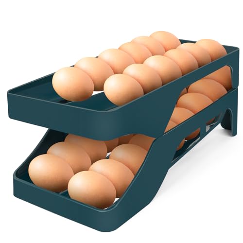 Egg Holder for Fridge Automatic Rolling Egg Dispenser for Refrigerator Kitchen Countertop - Space-saving Egg Roller/Organizer/Storage/Container/Tray for Fridge Double Track - color: Dark Blue