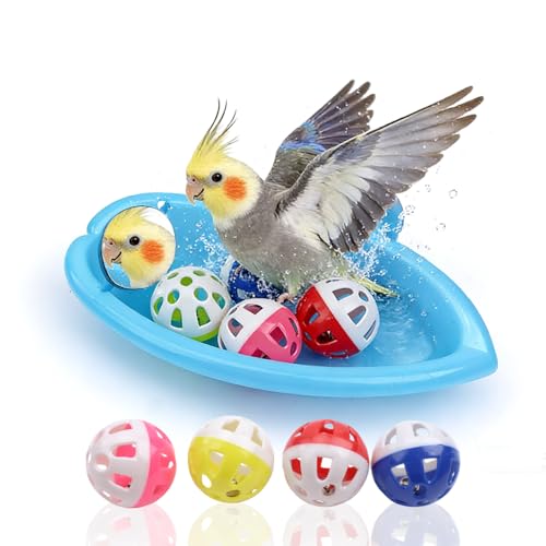 Cage Bird Bath with Mirror Bells Fun Play Bathing Toy for Parrots Budgies Small Birds