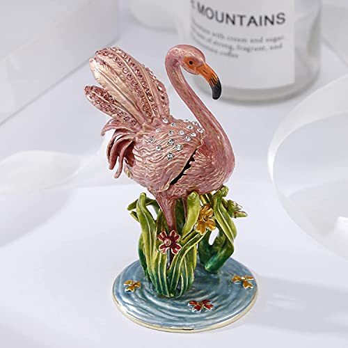 Hand Painted Enamel Flamingo Trinket Box, Hinged Unique Mini Ring Necklace Jewelry Organizer, Classical Bejeweled Storage, Figurine Collectible Keepsake Home Decor (Flamingo) - color: Flamingo