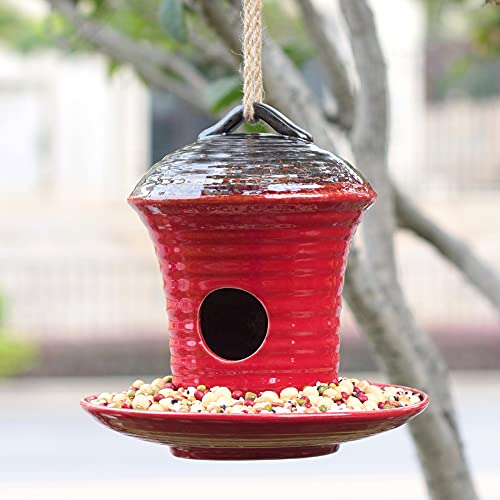 Kimdio Birdhouse Ceramic Hanging Birdhouses Bird Hut Hanging Multi-Function Outdoor Bird Feeders for Wild Birds, Finch, Cardinal, and Bluebird - Red - color: c - Red bird feeder