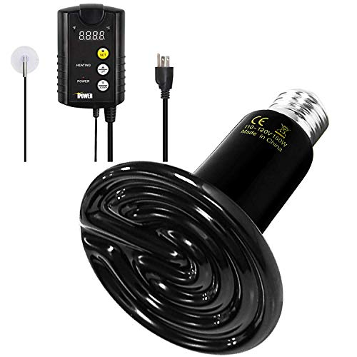 Simple Deluxe 150W Reptile Heat Bulb and 40-108 Degrees Fahrenheit Digital Thermostat Controller Included, for Amphibian Pet & Incubating Chicken, Black - size: 150 Watts, style: Bulb+Thermostat
