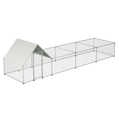 26'L x 6.7'W x Outdoor Chicken coop 6.6'H Large Metal Chicken Coop, Walk-in Poultry Pen, Galvanized Wire Hen Cage with Metal Chicken coop Weather- Cover for Outdoor Use, Spacious
