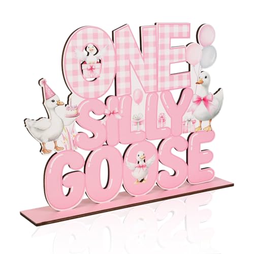 One Silly Goose Birthday Decor Girl Wooden Goose Table Decor Pink One Silly Geese Birthday Centerpiece for Table Funny Geese Desk Sign Supplies for Farm Animal First Celebration