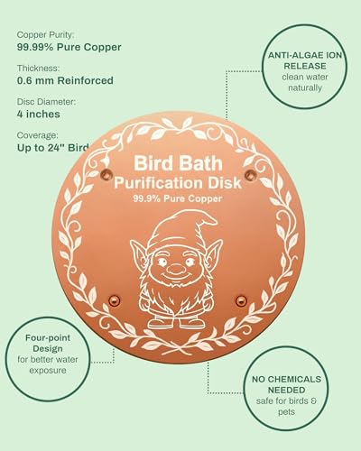 OICEME Bird Bath Purification Disc Pure Copper Backyard Outdoor Solar Power Wild Cleaner Heater Hummingbird Bee Water Humming Feeder Cage Dispenser Ground Safe Heater Bowl Lover Gift - color: 1 pcs Copper Gnome