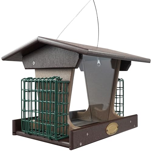 DutchCrafters Poly Hopper Bird Feeder with Suet Holder, Large Bird Feeder for Outdoors Hanging - Amish American Made (Milwaukee Brown & Weatherwood) - color: Milwaukee Brown & Weatherwood