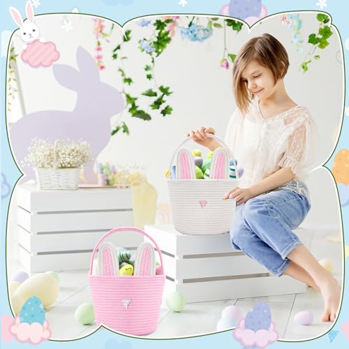 Colingmill 2 Pieces Easter Bunny Basket with Handle Woven Empty Rabbit Basket for Easter Egg Hunt Cute Candy Gifts Storage Party Favors Supplies(White, Pink) - color: White, Pink