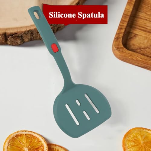 Silicone Spatula Turner,Wide Pancake Spatula for Non Stick Frying Pans,Heat Resistant Cooking Spatulas for Kitchen Use,Thin Rubber Flipper for Omelette Eggs,Pancakes,Fish and Burgers - color: Semicircle Slotted Green
