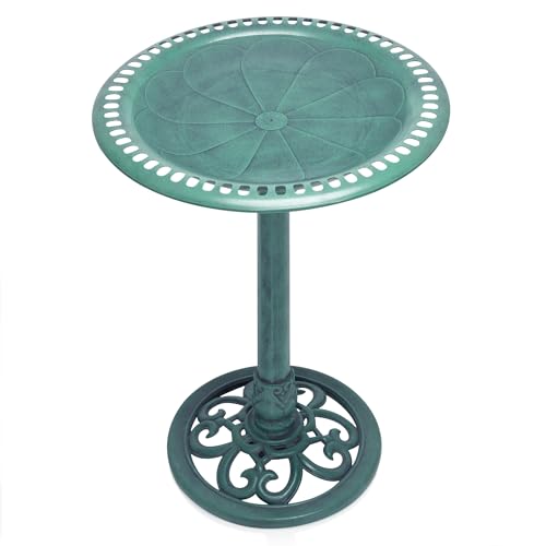 Alpine Corporation TEC116 Outdoor Aged Green Pedestal Birdbath with Scrollwork, 28" Tall, Green - color: Aged Green