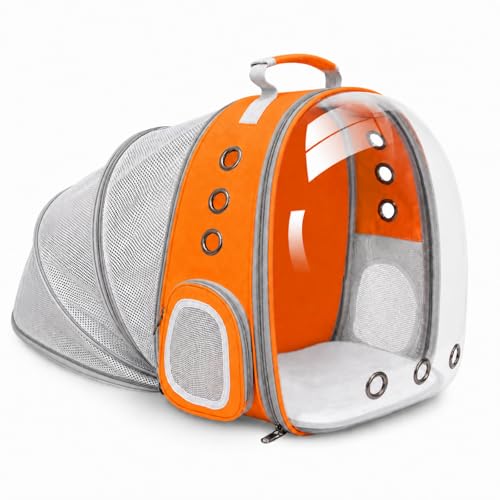 Expandable Cat Carrier Backpack with Bubble Window, Orange | Breathable mesh, anti-collapse frame, side door, safety leash and escape-resistant zippers for vet visits and outdoor travel. - color: Orange