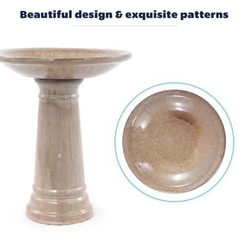 Ceramic Pedestal Bird Bath for Outside, 15 x 12 Inch, Light Khaki | Glazed Finish, Easy Twist-to-Lock Assembly - color: Light Khaki
