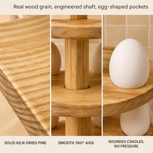 Wooden Egg Holder Countertop, 5 Tier 360° Rotating Fresh Eggs Storage Rack with 30 Slots, Pine Stackable Farmhouse Tower, Space-Saving Kitchen Organizer for Chicken Duck Easter - color: 30 Eggs - 5 Tier Round