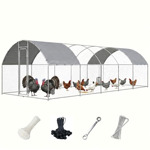 Metal Chicken Coop with Waterproof Curved Roof, 32.8×9.8×6.4ft | Thickened Steel Frame, Predator-Proof Wire, Weatherproof & UV Resistant Cover, Detailed Assembly Guide & Tool Kit - size: 393.6"L x 118.1"W x 76.8"H