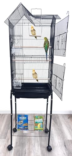 63" Roof Top Bird Flight Parrot Pet House Home Cage with Removable Rolling Stand for Cockatiel Sun Conure Parakeet Finch Budgie Lovebird Canary