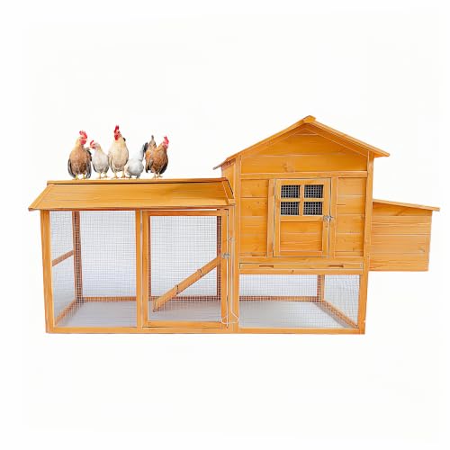 84.6" Wooden Chicken Coop for 4-6 Chickens, Outdoor Backyard Poultry House with Spacious Run, Nesting Box with Lid Support, Slide-Out Tray for Easy Cleaning, Weather-Resistant Animal Habitat