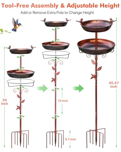 Metal Bird Bath for Outside - Outdoor Garden Decor Birdbath 2-Tier Water Bowl with Copper Finish Stake Adjustable Height 45'' Tall for Yard