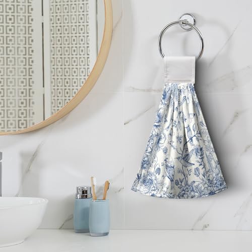 Blue Floral Bird Hanging Kitchen Towels Chinoiserie Vintage Flower Spring Summer Hand Towel with Loop Blue White Kitchen Tie Towels Dish Towel Set of 2 Soft Absorbent Hanging Bath Towel for Bathroom - color: Blue Floral Bird