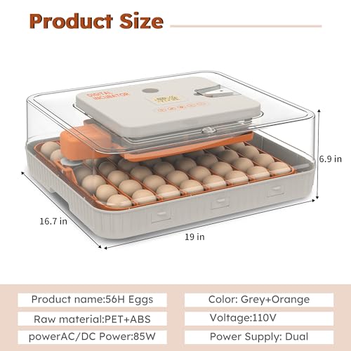 Egg Incubator for Hatching 56 Chicken, Duck, Quail & Goose Eggs – Automatic Egg Turner, Humidity & Temperature Control, Built-in LED Candler, Auto Water Refill, 360° Clear View Digital Poultry Hatcher