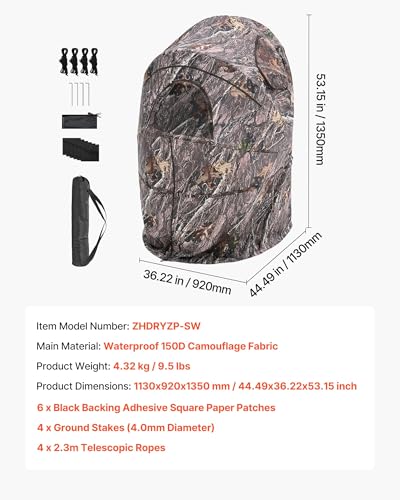 VEVOR Hunting Blind，See Through Ground Blinds with Carrying Bag, 360 Degree Portable Camouflage Tent，Durable Concealed Shelter with Silent Side Door and Window, for Turkey and Deer - size: Single Person