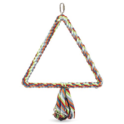 Spoiled Pet® Large Bird Rope Perch Triangle Swing Toy Multicolor 12 Inch | Natural cotton & steel rod cage accessory for Parrots Cockatoos, Safe to climb, chew, relieve boredom, with metal quick link