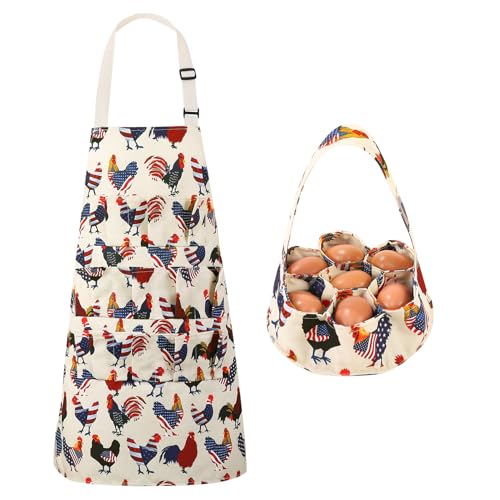 Egg Collecting Apron and Basket, 12 Pouches Chicken Egg Apron, 7 Pouches Chicken Eggs Basket, Collector Chicken Eggs - color: Flag Chicken, Full-body