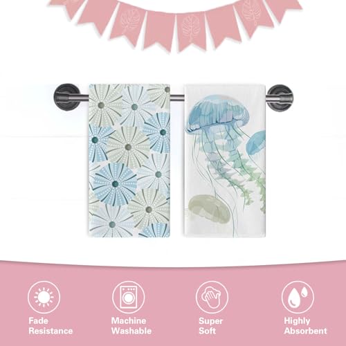 Coastal Jellyfish Kitchen Dish Towels Set of 2 | Blue Beach Ocean Marine Life Drying Hand Towel Baking Cooking Cloth, Nautical Sea Creature Deck Bathroom Home Decoration - color: Jellyfish