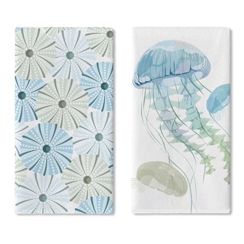 Coastal Jellyfish Kitchen Dish Towels Set of 2 | Blue Beach Ocean Marine Life Drying Hand Towel Baking Cooking Cloth, Nautical Sea Creature Deck Bathroom Home Decoration - color: Jellyfish
