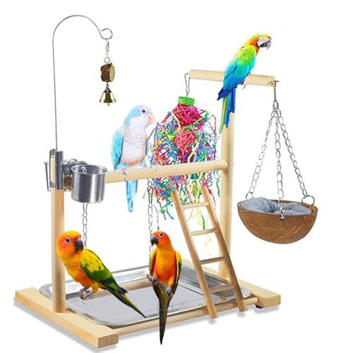 Bird Stand Fun Straw Bell Toys,Parrot Wooden Platform Stand with Perch Ladder, Swing, Bell & Feeder - color: G-500