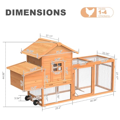 GOJOOASIS Portable Chicken Coop with Wheels & Handrail, Weatherproof Wooden Hen House, Removable Tray & Nesting Box, Ideal for Chickens, Ducks, Rabbits & Small Animals (80" Wood Top with Wheel)