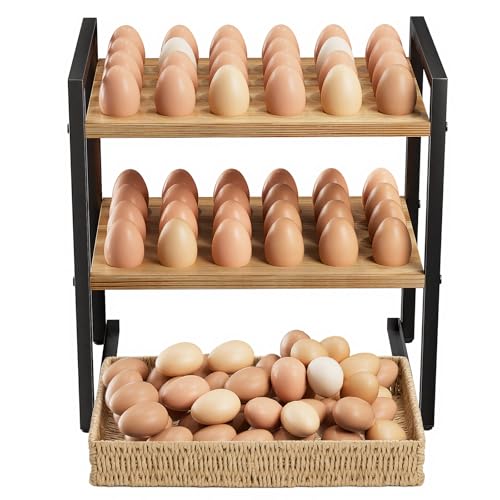 Nuovoware Wooden Egg Holder Countertop, 3-Tier Egg Basket | For 48+60 Eggs, Carry Handle Gathering 100+, Kitchen Storage Home Farmhouse Decor