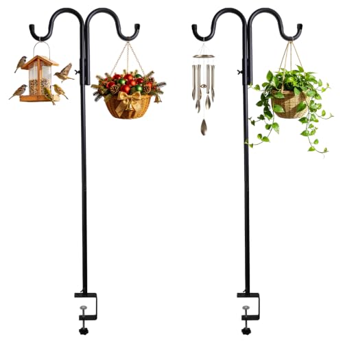 43" Shepherds Hook for Deck Railing, Double Arm Bird Feeder Holder, 2 Pack | Adjustable clamp, heavy duty steel, outdoor plant hanger, bird feeder pole, deck hook for railing, hanging plants & lanterns - color: Black - 2 Pcs