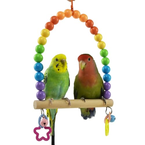 Bird Cage Swings Perch Cockatiels Parrot Hanging Chewing Beads Bell Toys | Parakeets Birdcage Wood Stands, Rainbow Color Acrylic Bead, Climbing Training Set for Lovebirds Conures Budgies - color: Rainbow