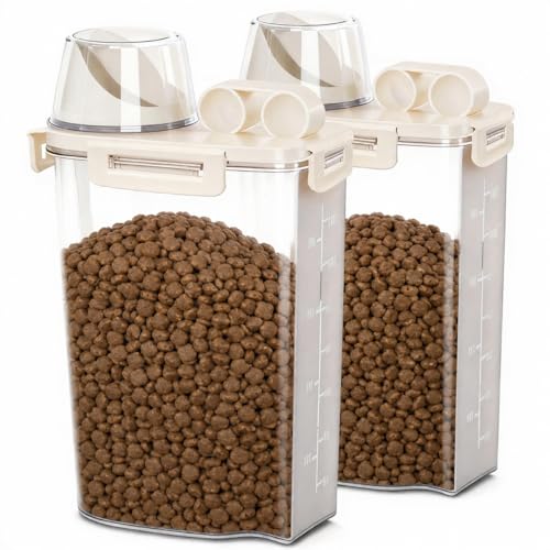 2 Lbs Small Cat Dog Food Storage Container for Bird Seed, Pet Food, 2 Pack | 2QT Versatile Dry Food Bin Portable Dispenser with Wide-Mouth Pour Spout for Rice, Flour, Cereal, Storage and Organization - color: Two Beige