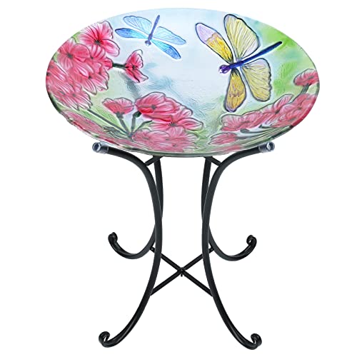 Glass Bird Bath with Metal Stand, Outdoor Garden Feeder, Dragonfly | Glass Large Bird Baths Bowl with Metal Stand for Outdoors, Dragonfly Patterns Bird Feeder for Outside Garden, Patio Decor - color: drgonfly