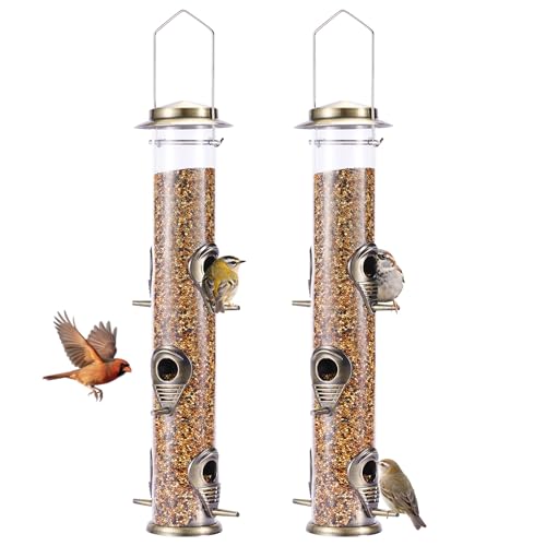 2PK Metal Bird Feeders with 6 Feeding Ports,Tube Bird Feeder with Steel Hanger,Hard Plastic Wild Bird Feeder for Outdoors Hanging, Attracting Birds in Your Lawn, Garden, Balcony (Bronze) - color: Bronze 2 PACK