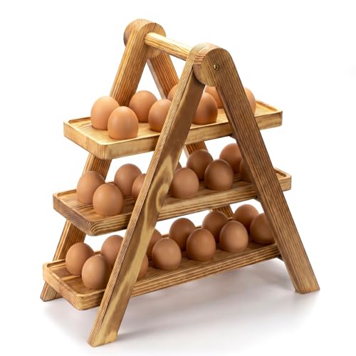 Wooden Egg Holder Countertop, 3 Tier A-Frame Fresh Egg Storage, 30 Hole Pull out Eggs Racks Basket, Egg Storage Organizer for Farmhouse Kitchen Counter, Kitchen Chicken Coop, Easy Storage