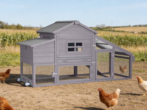 GUTINNEEN Large Chicken Coop on Wheels, Expandable Outdoor Mobile Chicken House, Hen House Poultry Cage with Nesting Box, Leakproof Pull-Out Tray & UV-Resistant Roof – Grey - color: (Grey)