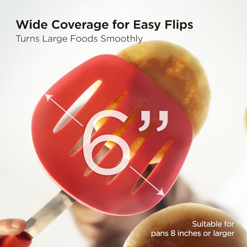 Kitchen Mama WaltzGrip Platinum Silicone Pancake Spatula Turner, Red | Heat-Resistant, Slotted Tapered Head, Stainless Steel Core, Durable and Dishwasher-Safe, For Flipping and Wok Use - color: Red